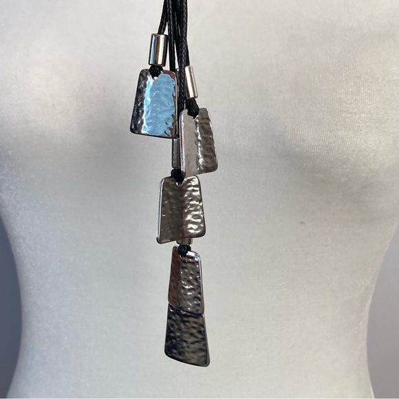 Chico’s Hammered Silver Long Necklace Black Cord - Picture 6 of 9